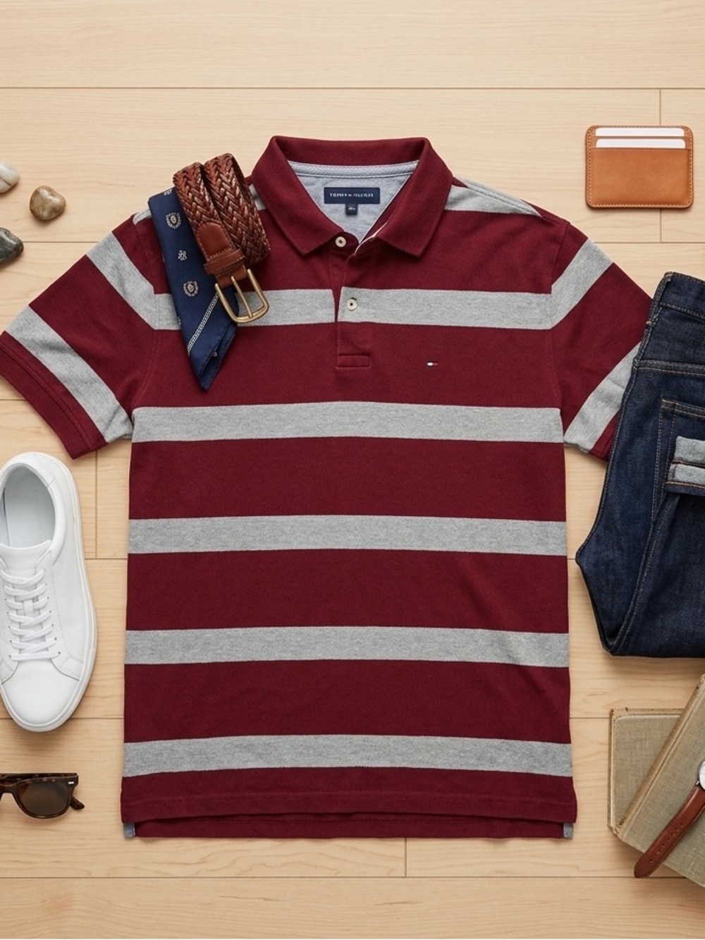 Tommy Hilfiger Burgundy and Gray Striped Polo Size Large
